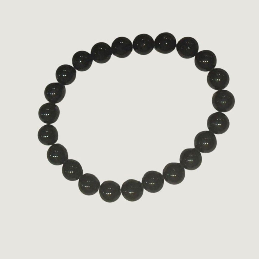 Black Obsidian Beaded Stretch Bracelet Polished Round Stone Minimalist Jewelry